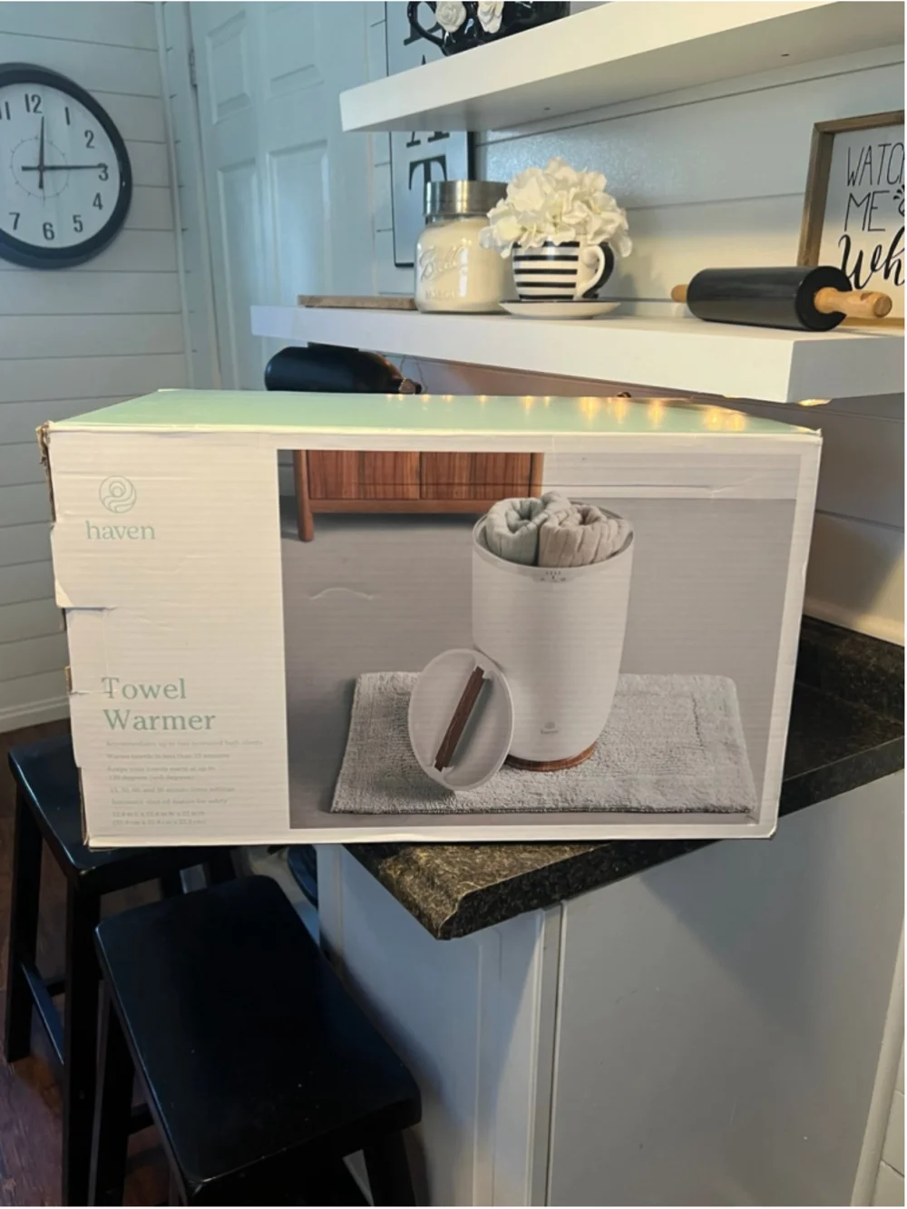 New Haven Towel Warmer in White/Wood Accents, On/Off Switch, Automatic Shut Off